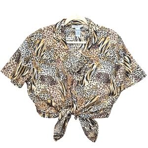 A1 Anna and‎ Frank Silk Animal Print Blouse Short Sleeve Button Down Top L